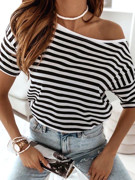 

Plus size Short Sleeve Casual Striped Short Sleeve T-shirt, Black-white, T-Shirts
