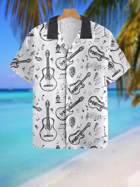 

Casual Music Collection Guitar And Note Elements Pattern Lapel Short Sleeve Print Shirt Top, White, Men's Floral shirt