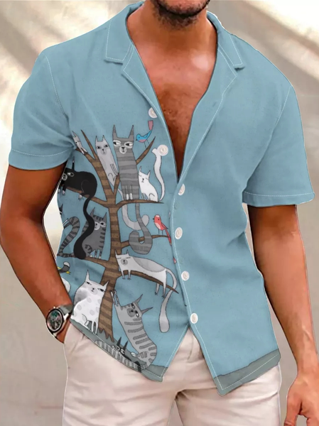 

Casual Simple Cat Print Short Sleeve Shirt, Blue, Short Sleeves Shirts