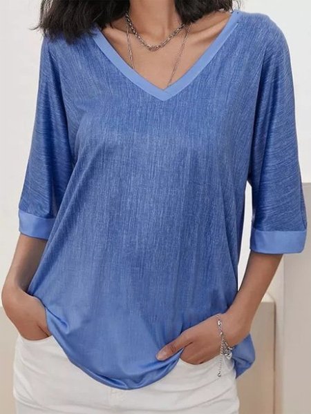 

Half Sleeve V Neck Casual Short sleeve tops, Blue, T-Shirts