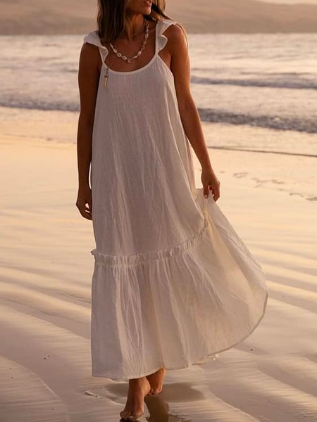 

U-Neck Cotton Loosen Short sleeve Woven Dress, White, Maxi Dresses