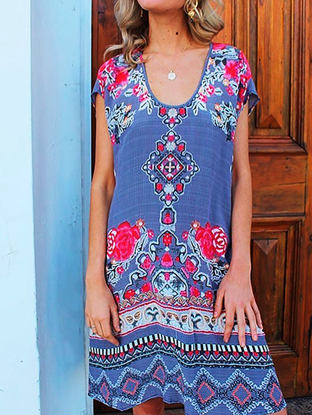 

Plus size Boho Short Sleeve Casual Dresses, Blue, Mini Dresses