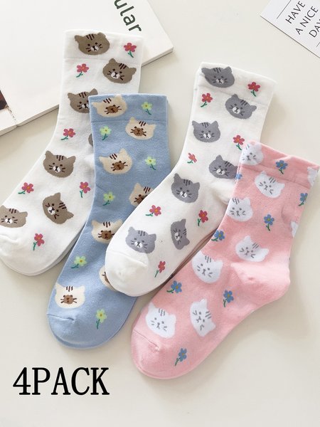 

4 Pairs Of Cat Animal Socks, As picture, Socks