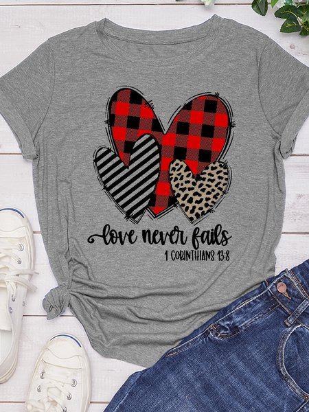 

Happy Valentine's Day Love Never Fails Three Leopard And Plaid Hearts Short sleeve Top, Gray, T-shirts