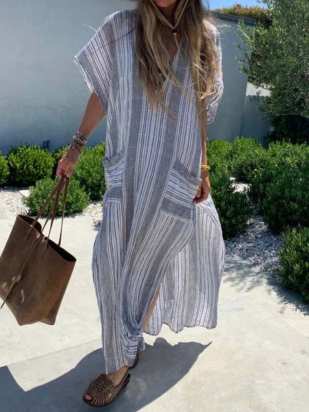 

V Neck Geometric Cotton Blends Dresses, Multicolor, Maxi Dresses