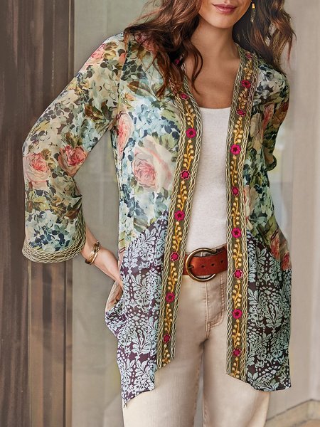 

Casual Cotton Blends Halter Floral Vacation Outerwear, Multicolor, Cardigans