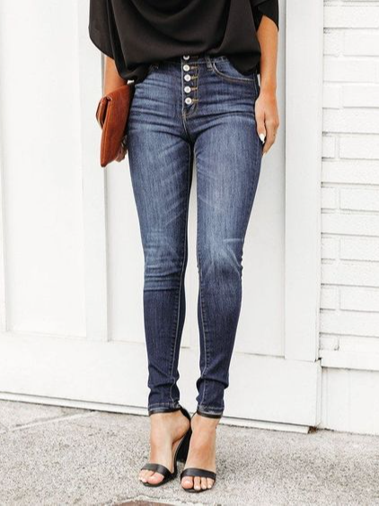 

Denim Buttoned Simple Pants, Blue, Jeans