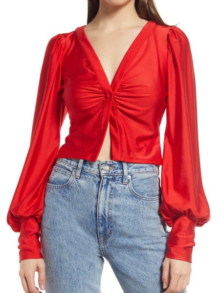 

V Neck Regular Fit Long sleeve Shirt & Top, Red, Tops