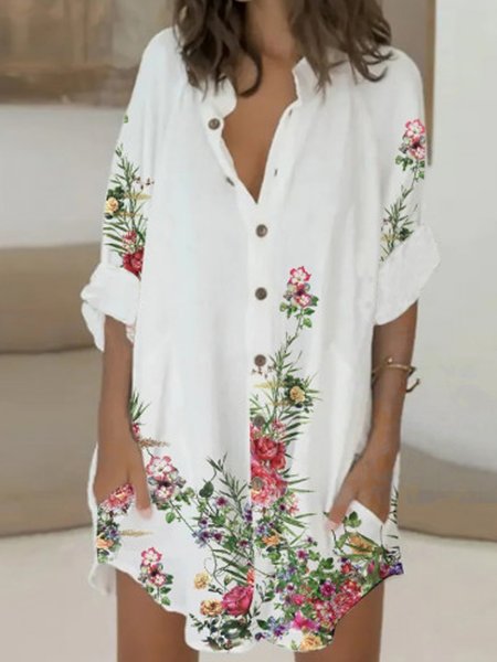 

Floral Printed Romantic Loosen Shirt Collar Shirts & Tops, White, Blouses & Shirts