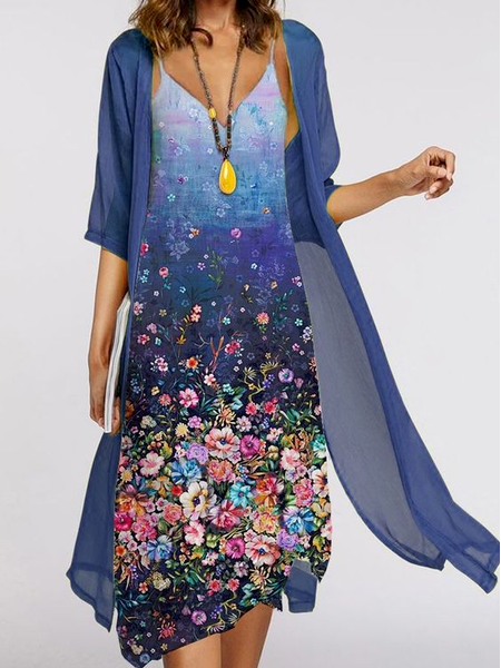 

Floral Vacation Cotton Blends Suits, Blue, Suit Set