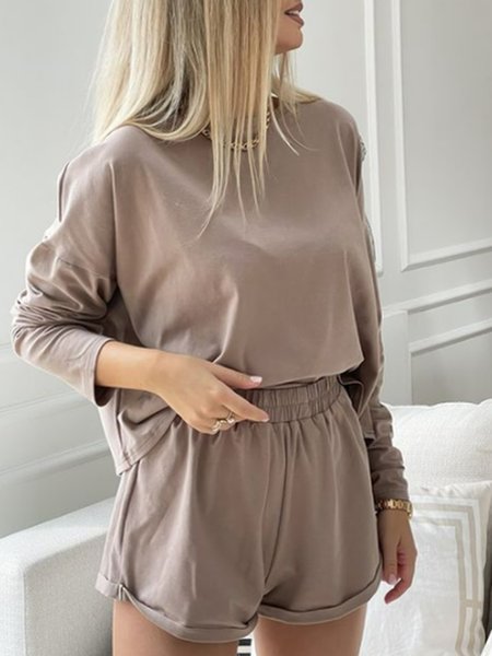 

Crew Neck Solid Casual Basics Suits, Khaki, Suit Set