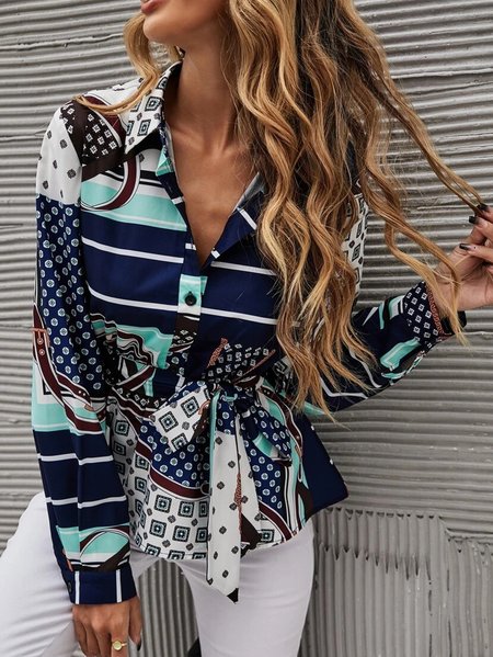 

Geometric Elegant Regular Fit Belted Shirt, As picture, Tops