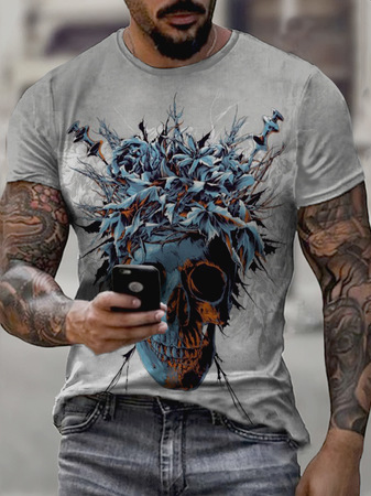 

Casual Sports Abstract Skull Digital Print Short Sleeve T-Shirt, As picture, T-shirt