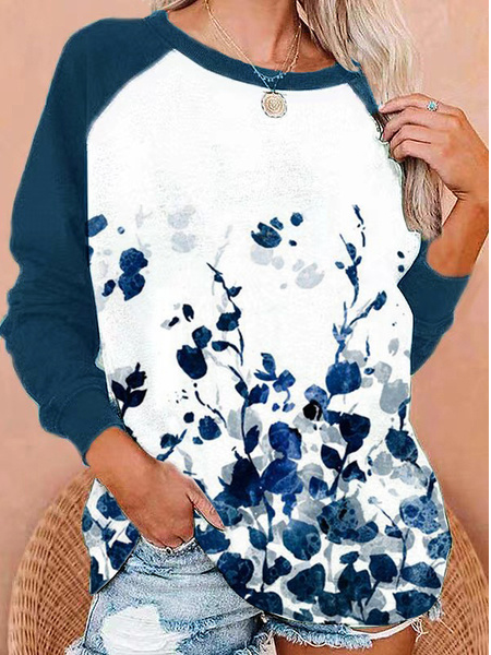 

Crew Neck Floral Raglan Sleeve Cotton Blends Sweatshirt, Blue, Sweatshirts & Hoodies