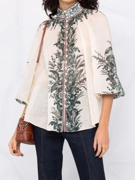 

Vacation Bishop Sleeve Stand Collar Plants Print Shirt, As picture, Blouses and Shirts