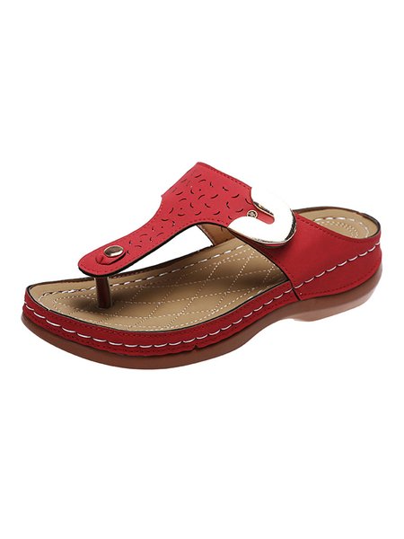 

Women's Gold Buckle Punched Flip-Flops, Red, Slippers