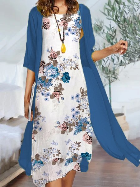 

Casual Vacation Floral Regular Fit Cotton Blends Sleeveless Maxi Dress Suits, White, Midi Dresses