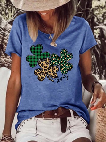 

St. Patrick's Day Lucky Shamrock Leopard Women's Short sleeve tops, Blue, T-shirts