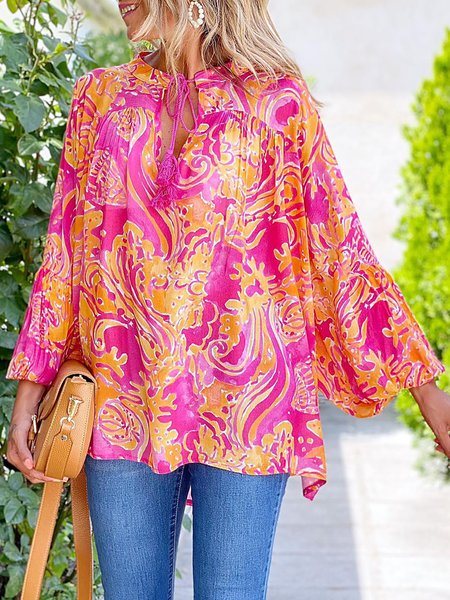 

Boho Tribal Long Sleeves Spring Blouse Shirts & Tops, Deep pink, Tops