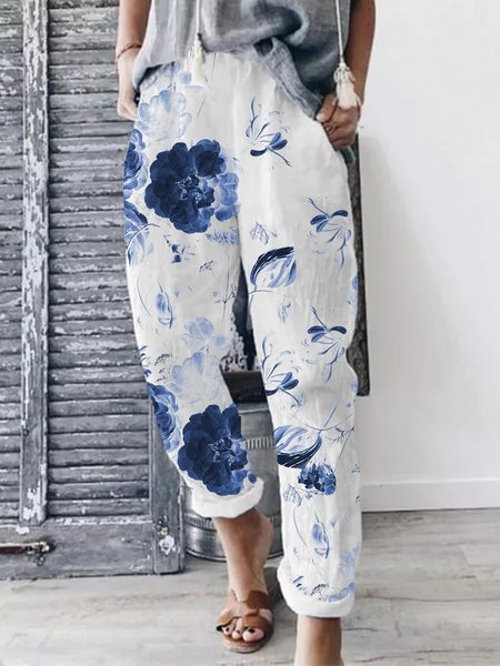

Blue floral print casual temperament and comfortable spring new designer women's trousers, White, Pants