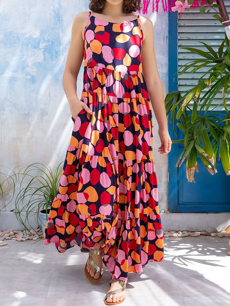 Boho Geometric Spaghetti Short sleeve Woven Dress, Red, Maxi Dresses