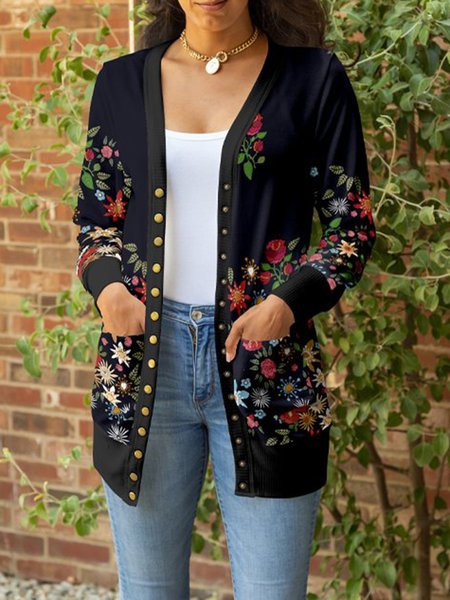 

Floral Print Cape Collar Long Sleeve Vacation Casual Knit coat, Black, Cardigans