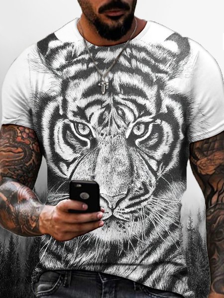 

Animal Graphic Print Crew Neck Short Sleeve Tee Men, White, T-shirt