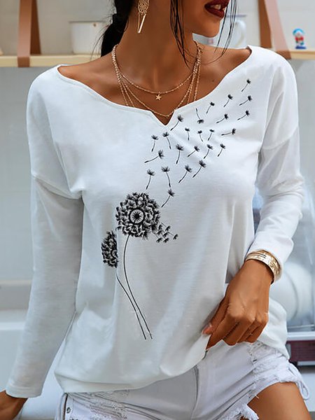 

Heart-Shaped Collar Casual Dandelion Long Sleeves White T-shirt Long Sleeve T-shirt, T-Shirts
