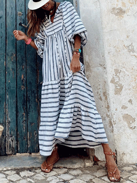 

Casual Resort Stripe Panel Long Dress, Blue, Maxi Dresses