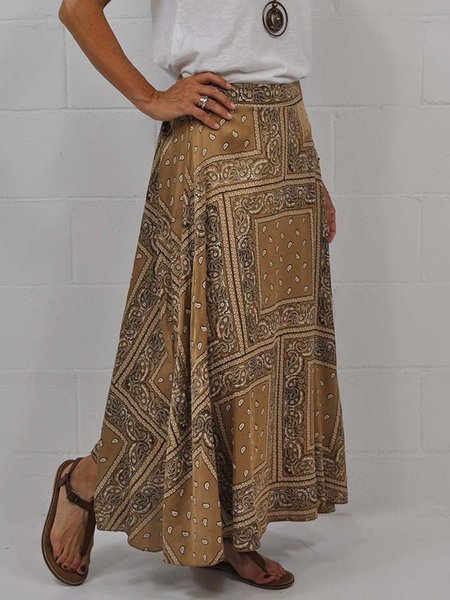 

printed casual skirt, Khaki, Skirts