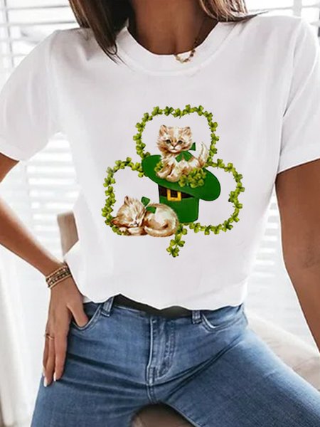 

saint patrick's day Cute Cat Pattern Loosen Vacation Shirts & Tops, White, T-Shirts