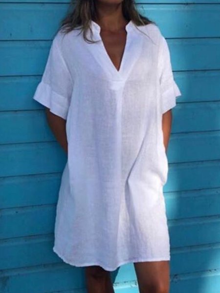 

Plus Size Casual Solid V neck Loosen Short Sleeve Short sleeve Woven Dress, White, Mini Dresses