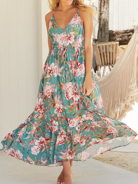 

Spaghetti Floral Boho Loosen Short sleeve Woven Dress, Green, Maxi Dresses
