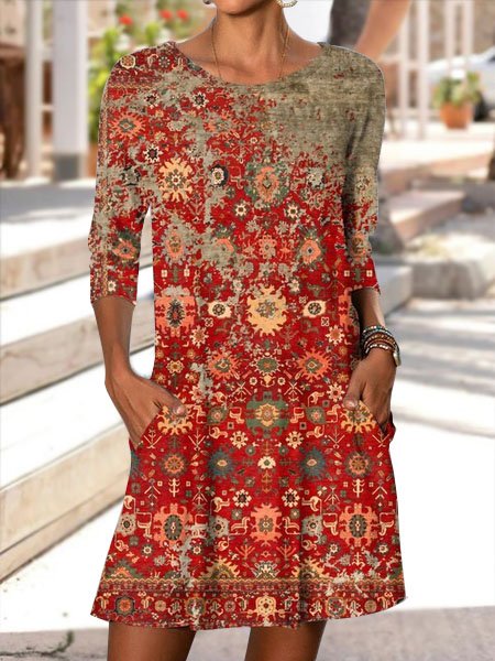 

Crew Neck Vintage Cotton Blends Dresses, Red, Mini Dresses