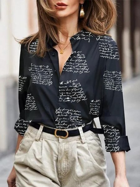 

Daily Work Letter Printed Shirt Collar Top, Black, Blouses and Shirts