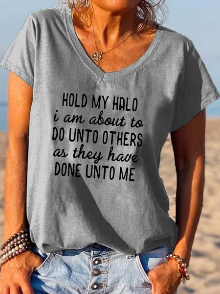 

Funny text print v-neck short sleeve T-shirt, Gray, T-shirts