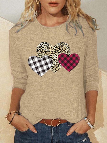 

Valentine Striped Plaid Leopard Heart Women's Long Sleeve Shirt, Khaki, Long sleeves