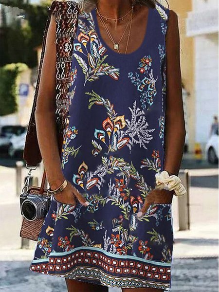 

Tribal Pattern Sleeveless U Neck Pockets Plus Size Casual Short sleeve Woven Dress, Navy blue, Mini Dresses