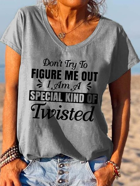 

Funny text print v-neck short sleeve T-shirt, Gray, T-shirts