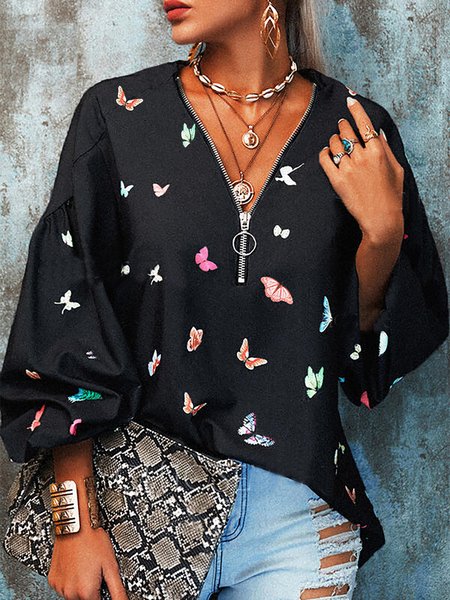 

Butterfly Casual Loosen V Neck Zipper Long Sleeves Shirts & Tops, Black, Tops