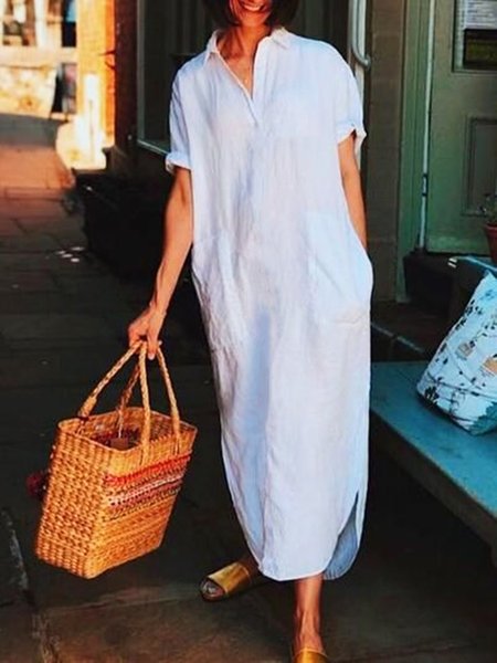 

Casual Pockets Short Sleeve Shirt Collar Loosen Maxi Dresses, White, Maxi Dresses