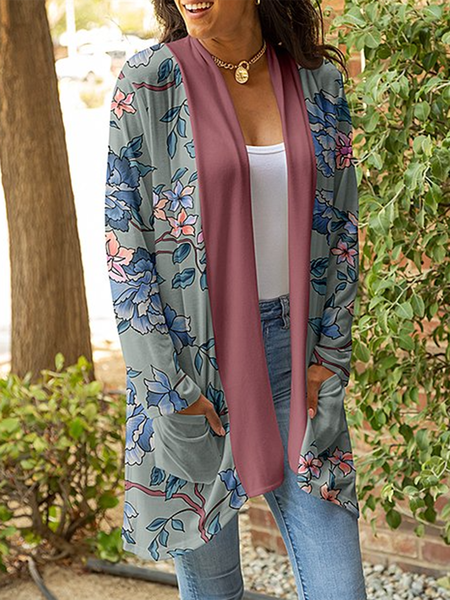 

Casual Floral Print Pocket Open Cardigan Outerwear, Lightgreen, Cardigans