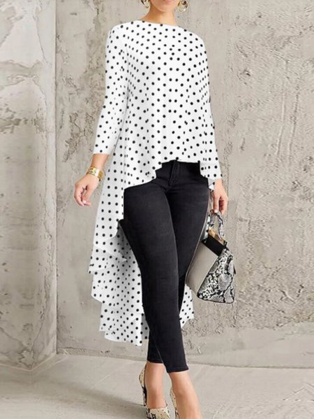 

Elegant Round Neck Regular Fit Asymmetric Hem Polka Dots Top, As picture, Tops