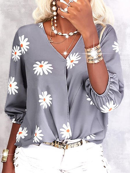 

Floral Loosen Bishop Sleeves V Neck Shirts & Tops, Gray, Tops