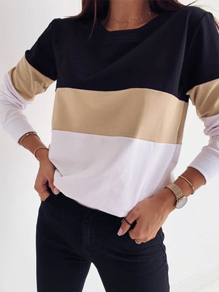 

Color Block Casual Round Neck Long Sleeve T-shirt, Multicolor, T-Shirts