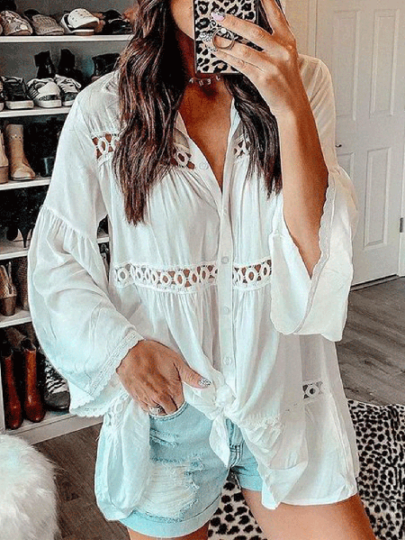 

Linen and Cotton Panel Lace Webbing Casual Shirt, White, Blouses & Shirts