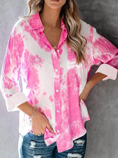 

Ombre Long Sleeve Plus Size Casual Shirt Tops, Pink-white, Blouses & Shirts