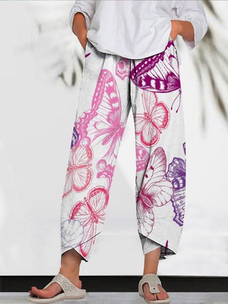 

Butterfly Colorful Retro Butterfly Lovers Stretch Waist Pants, Pink, Pants