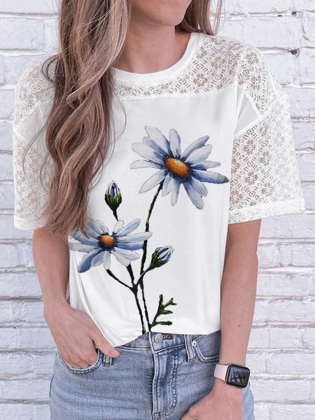 

Floral Print Lace Round Neck Short Sleeve Casual Tops, White, T-Shirts