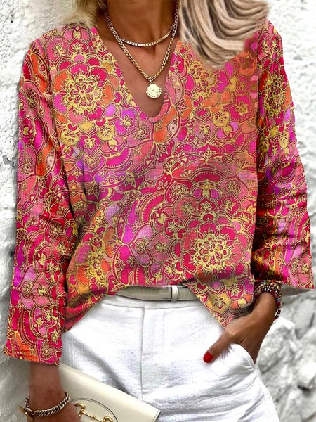

Boho Tribal Pattern Long Sleeves V Neck Plus Size Casual Tops, Rose red, Tops